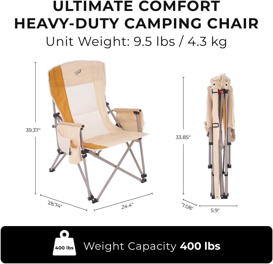 Camphor Designs Beige Padded Folding Camping Chair 400LBS Support