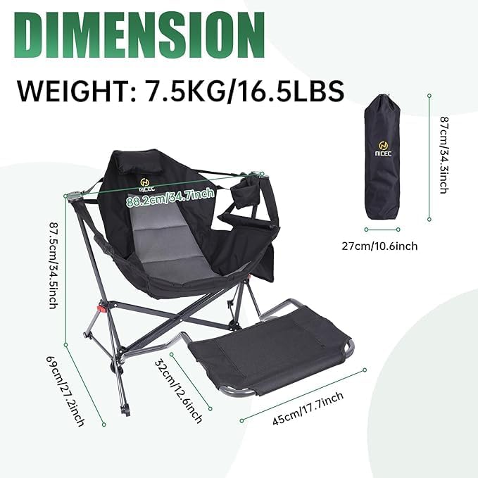 Black Hammock Rocking Camping Chair Set of 2 with Stand & Footrest