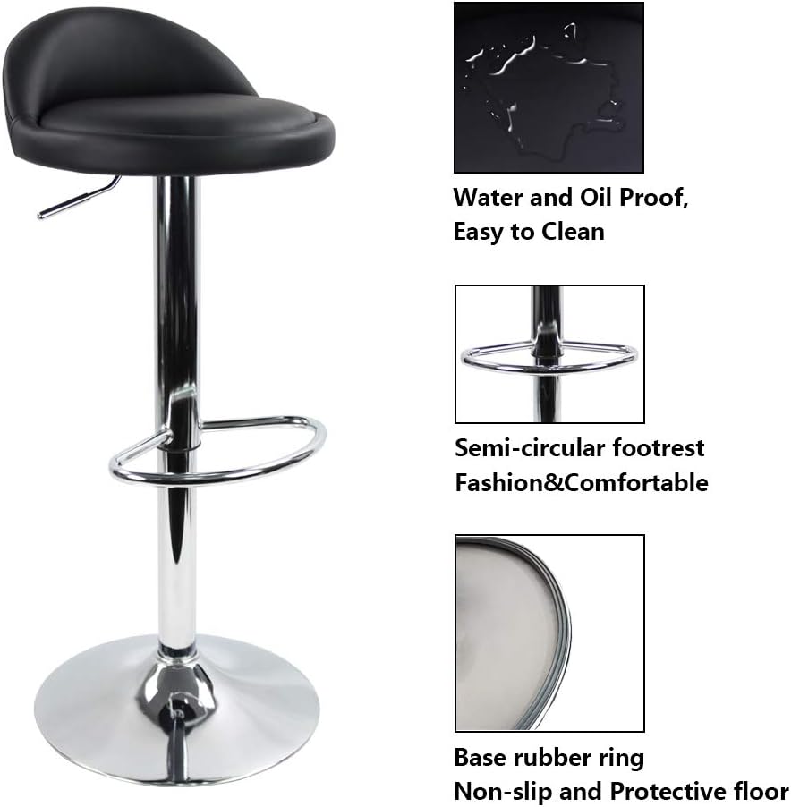 Black PU Leather Adjustable Swivel Bar Stool with Backrest & Footrest