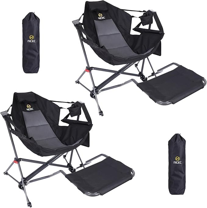 Black Hammock Rocking Camping Chair Set of 2 with Stand & Footrest