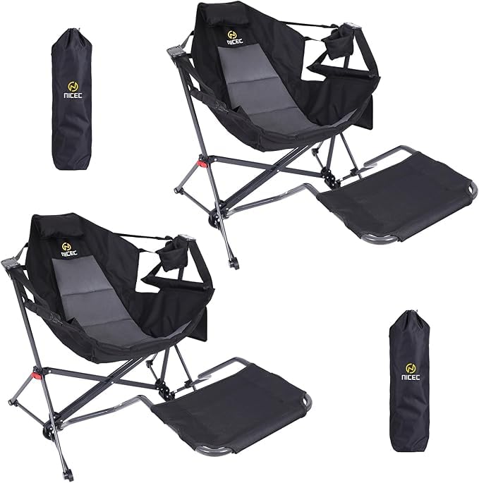 Black Hammock Rocking Camping Chair Set of 2 with Stand & Footrest