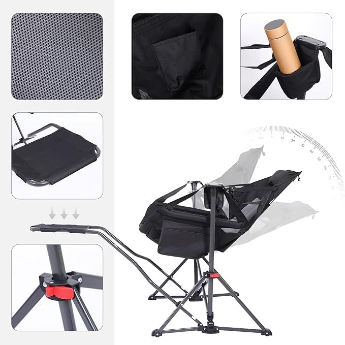 Black Hammock Rocking Camping Chair Set of 2 with Stand & Footrest