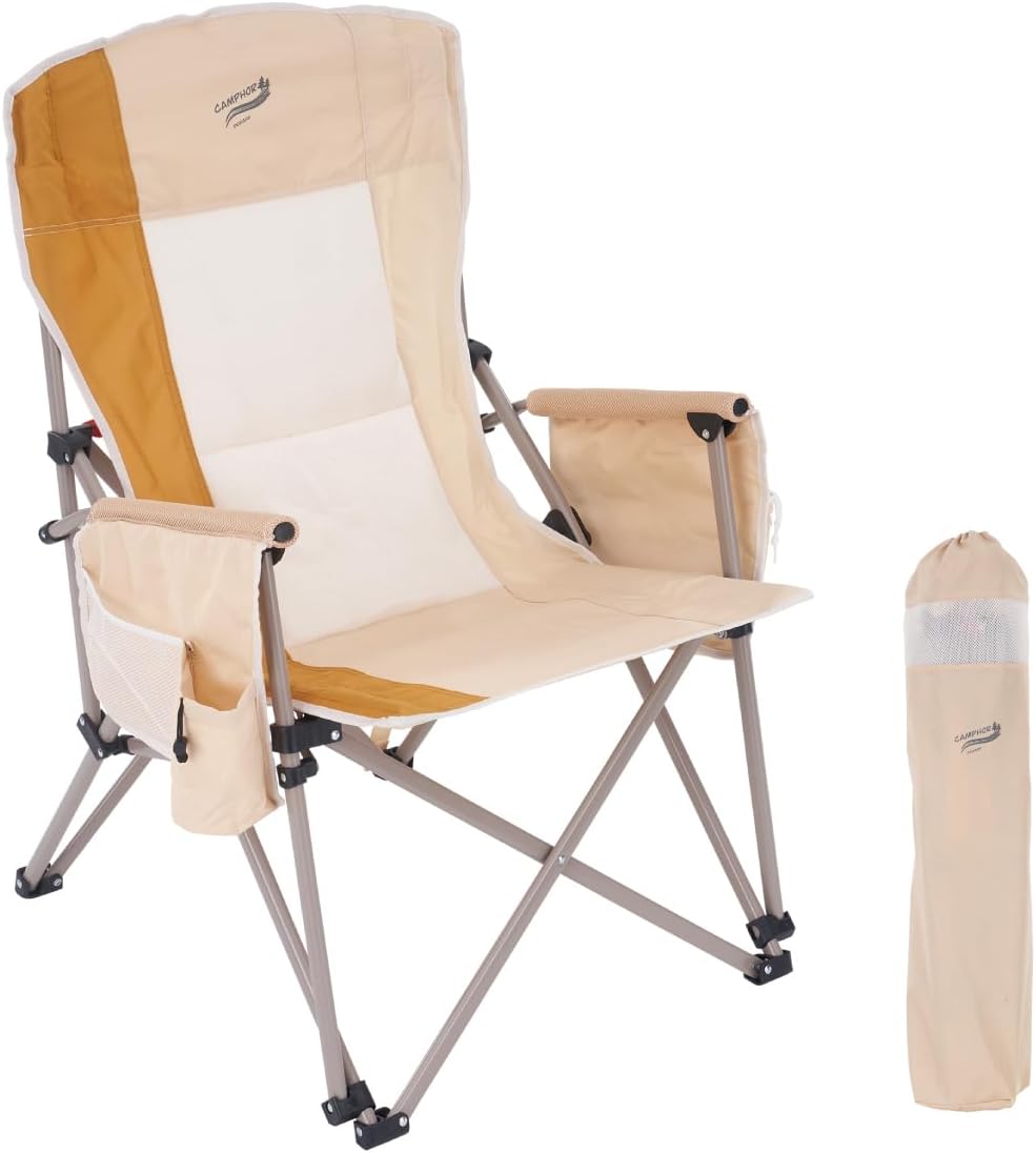 Camphor Designs Beige Padded Folding Camping Chair 400LBS Support