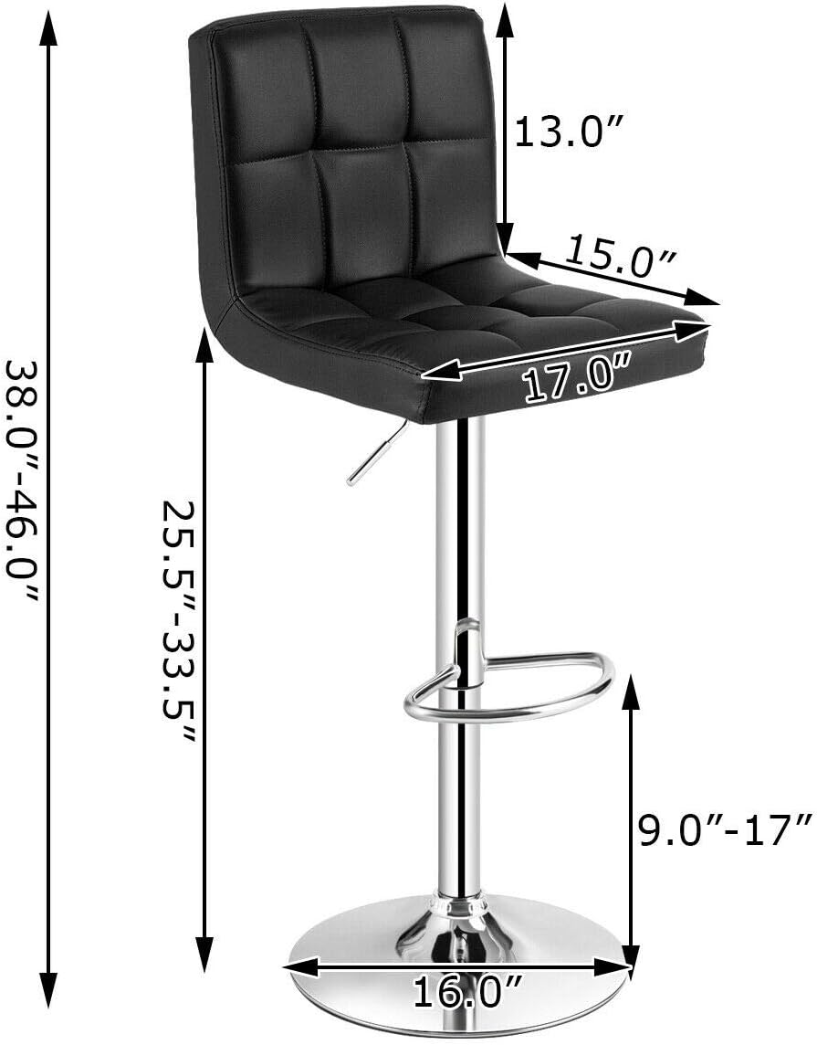 Black Square PU Leather Adjustable Swivel Counter Bar Stool with Back