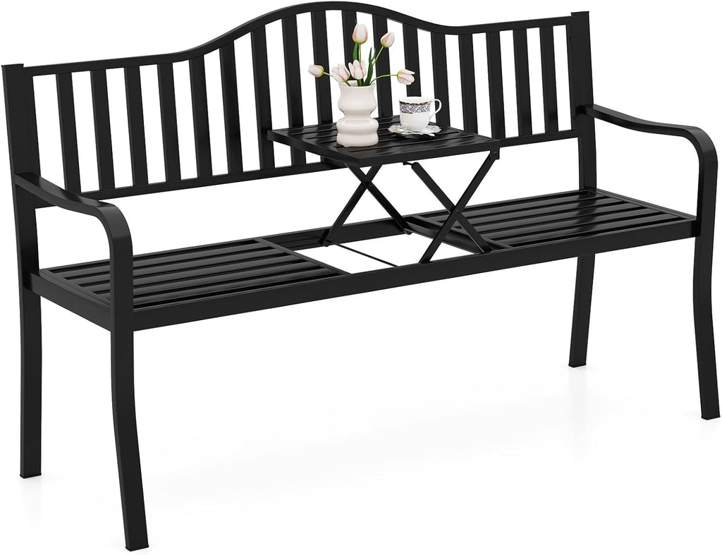 60" Metal 2-3 Person Patio Bench with Pull-Out Table, 660 LBS Capacity