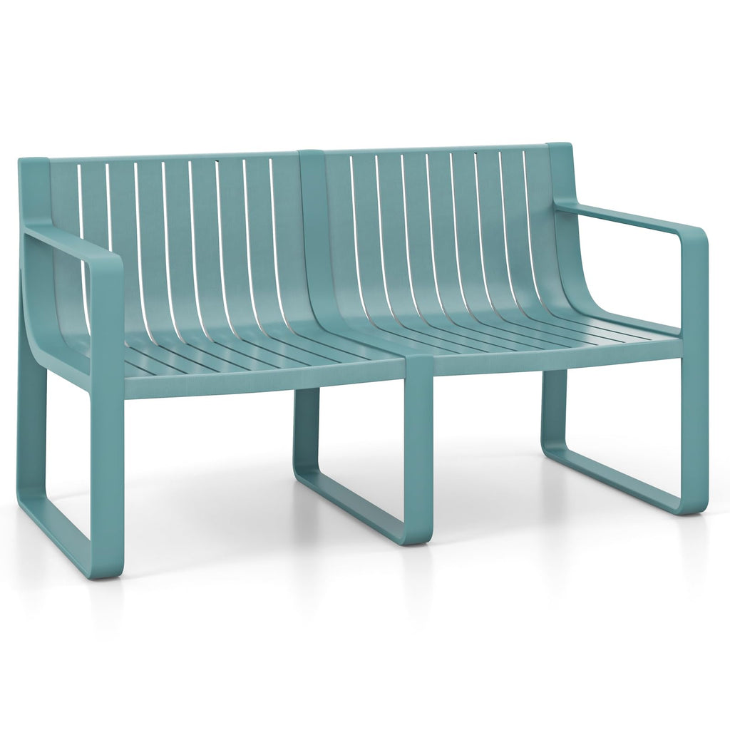 Tangkula Patio Loveseat, Weather-Resistant Plastic 2-Person Bench with Curved Backrest, Outdoor Conversation Furniture with Slatted Design for Patio, Poolside, Backyard, Garden, Deck, Lawn (Blue)