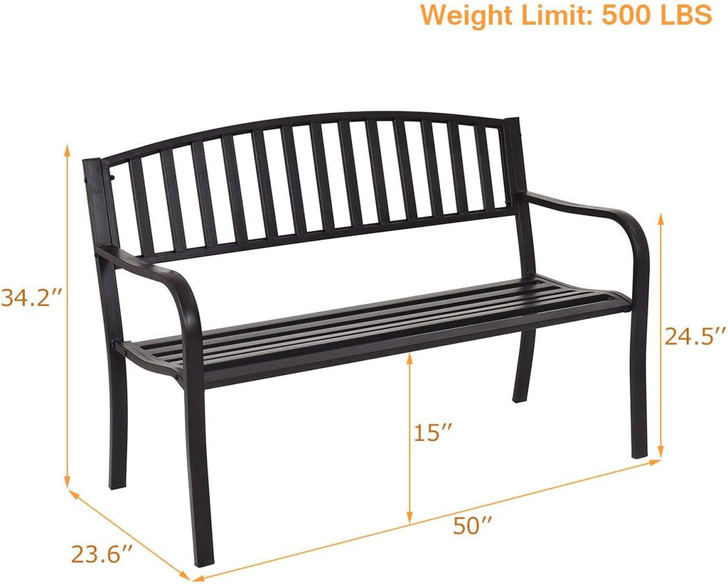 50" Black Steel Frame Outdoor Patio Bench 500 LBS Capacity