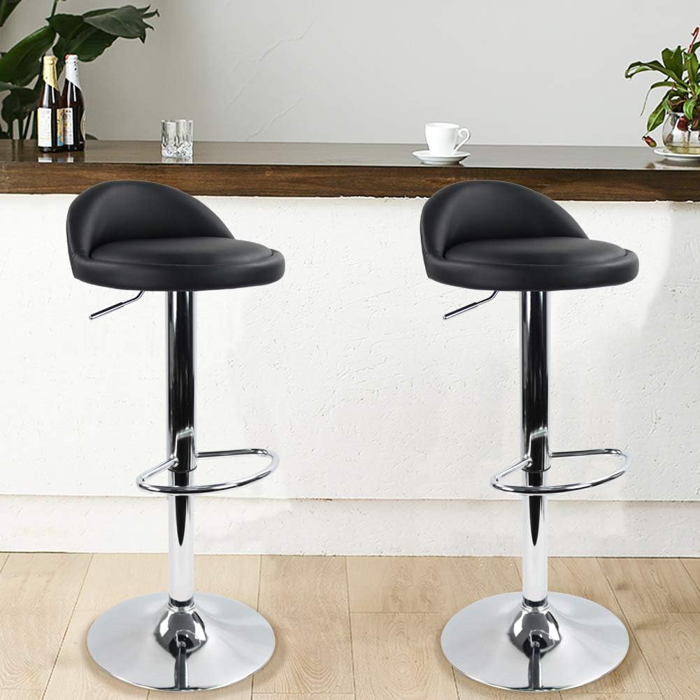 Black PU Leather Adjustable Swivel Bar Stool with Backrest & Footrest