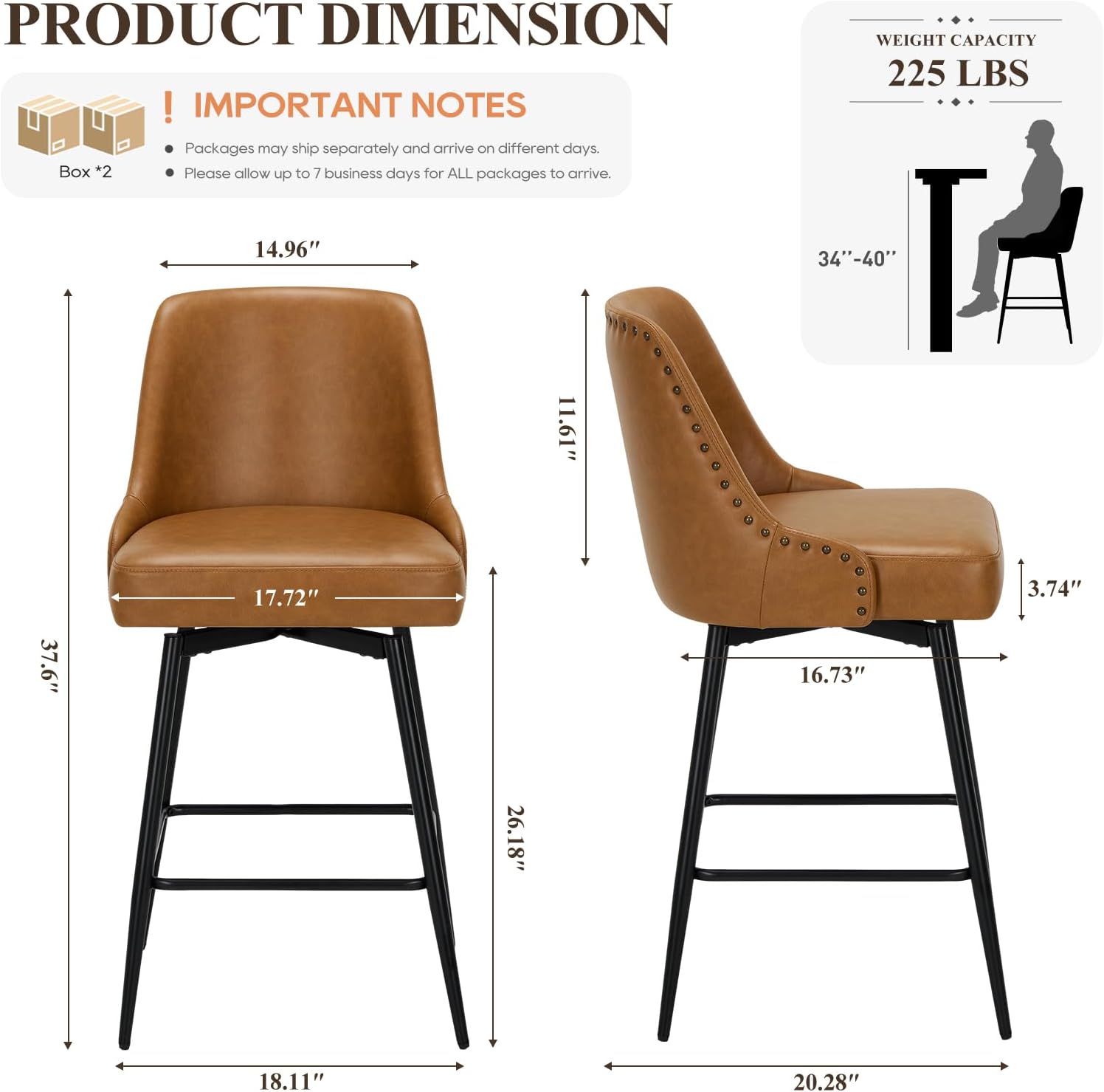 Brown 26" Faux Leather Swivel Bar Stools Set of 4 with Backrest & Footrest