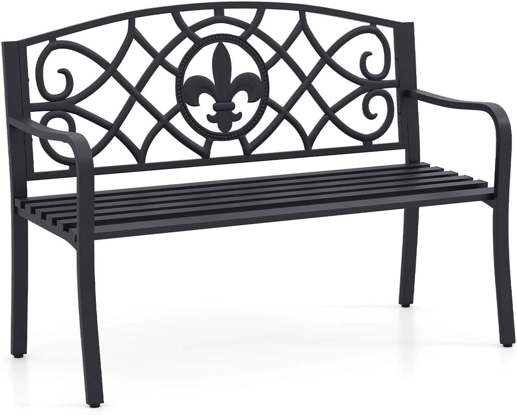 50.5" Black Floral Cast Iron Back Metal Outdoor Bench 660 LBS