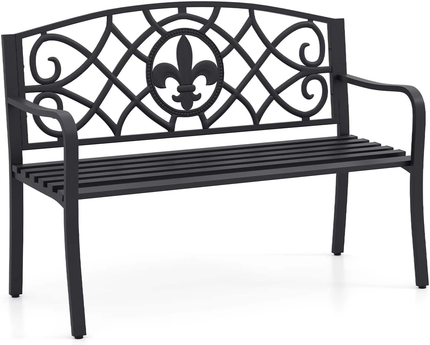 50.5" Black Floral Cast Iron Back Metal Outdoor Bench 660 LBS