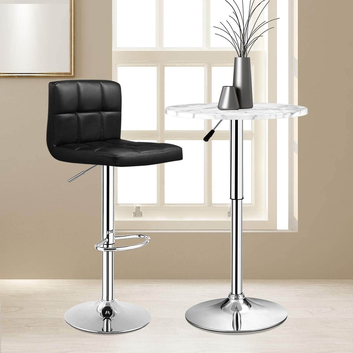 Black Square PU Leather Adjustable Swivel Counter Bar Stool with Back