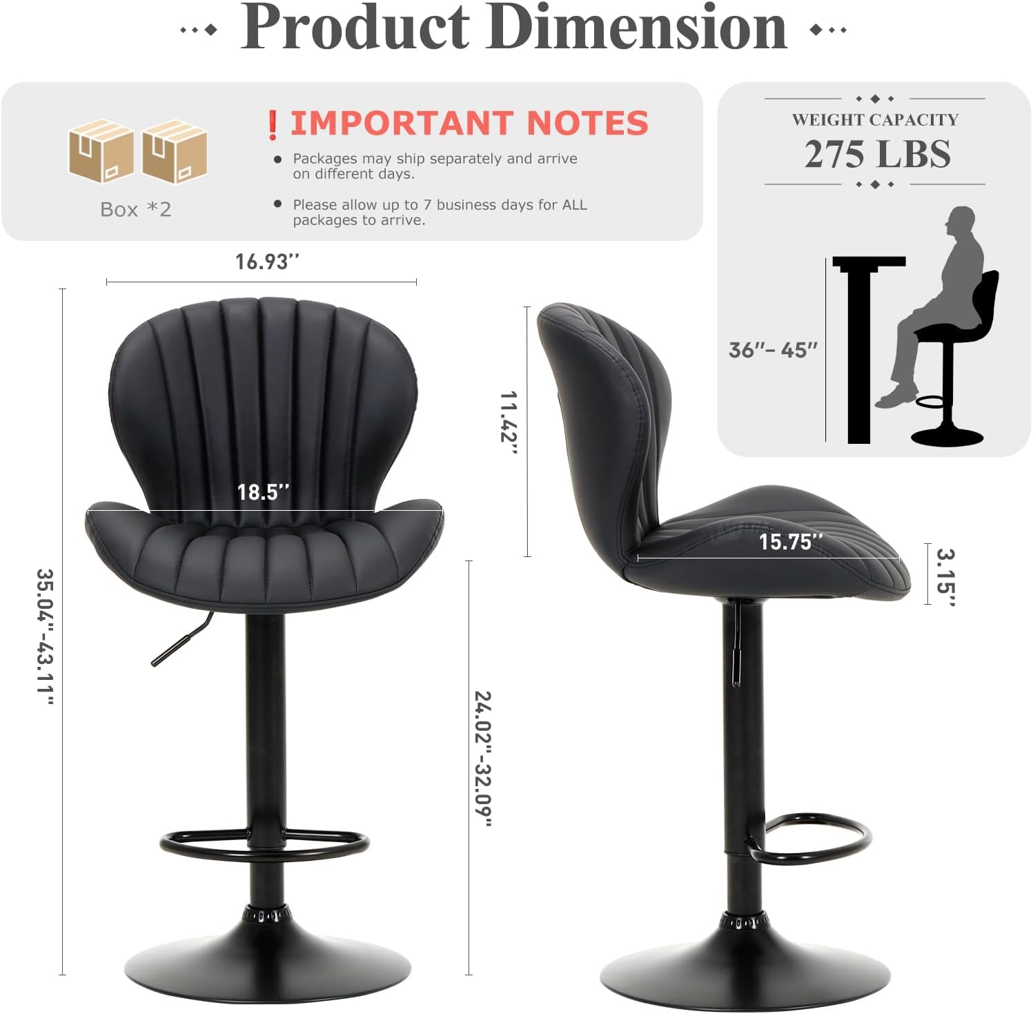 Black Modern Swivel Adjustable Faux Leather Counter Bar Stools Set of 4 with High Backrest