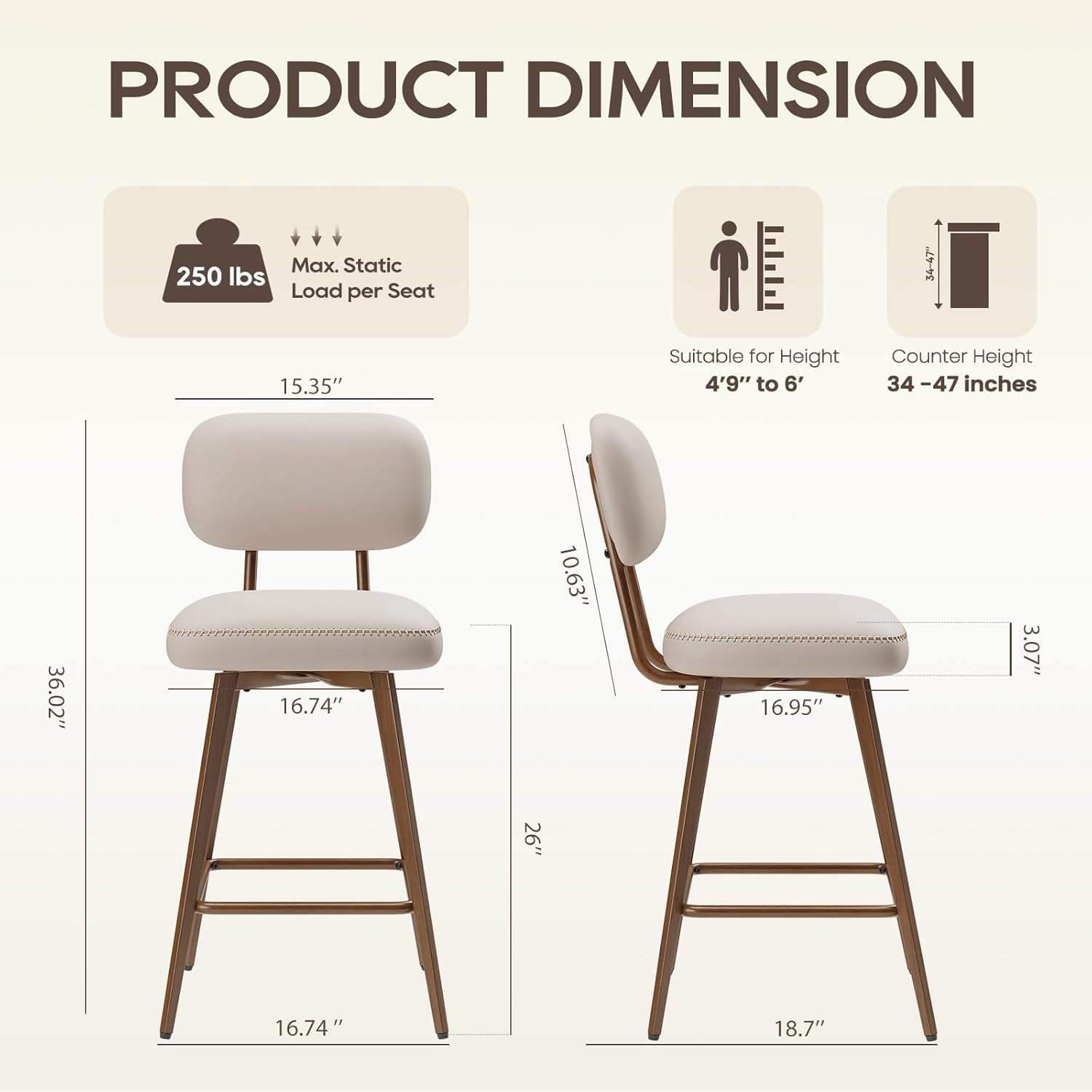 Beige 26in PU Leather Swivel Counter Bar Stools Set of 2 with Low Back Metal Legs