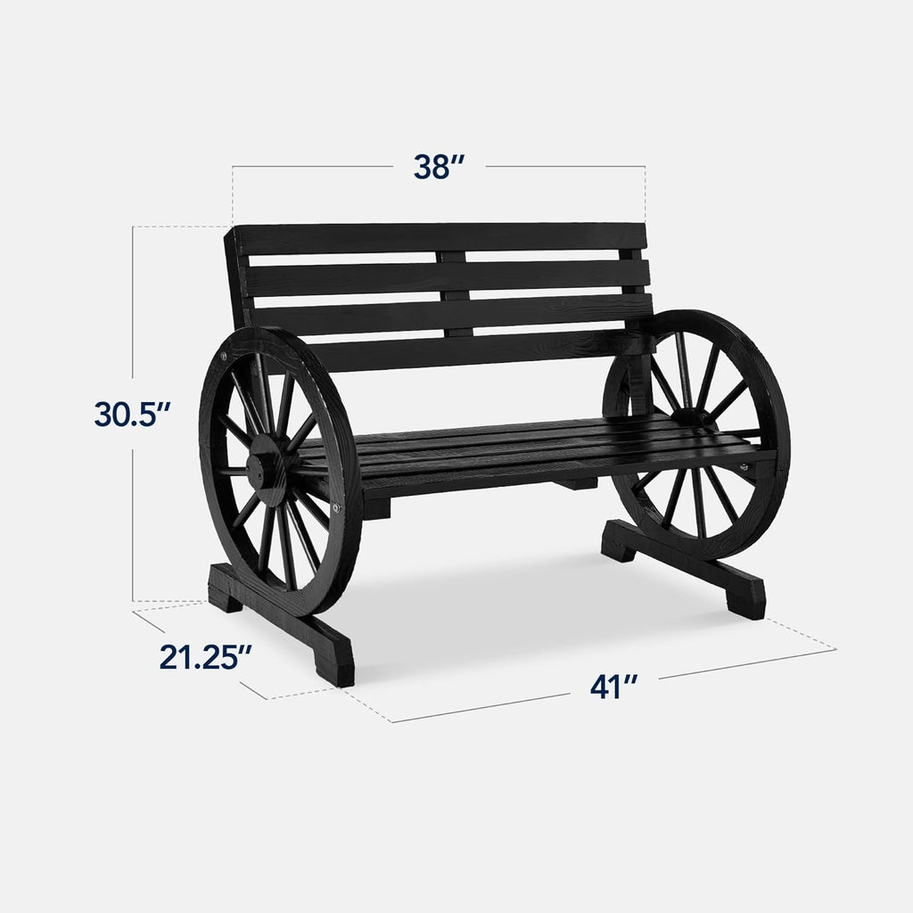 Best Choice Products 2-Person Black Wagon Wheel Wooden Patio Bench