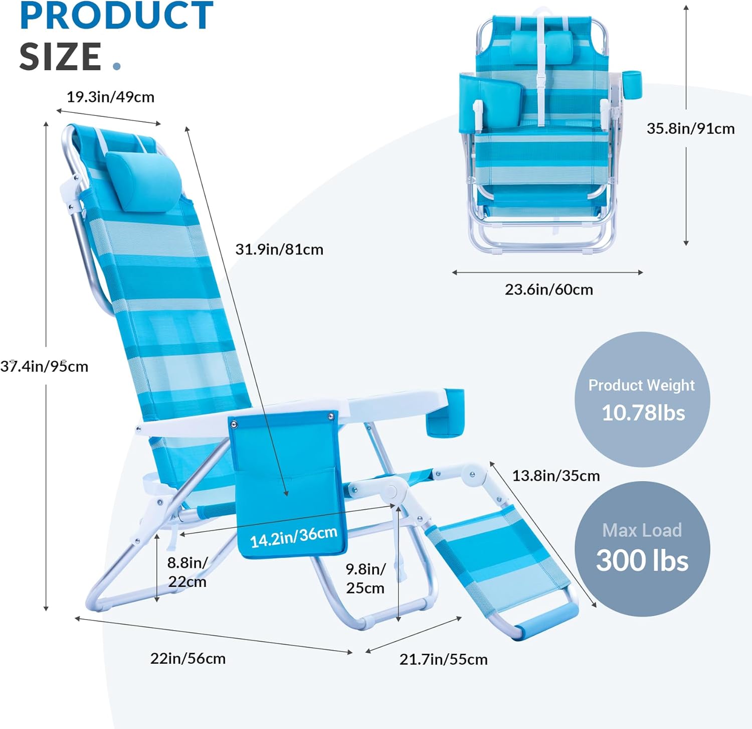 Lay Flat Beach Chair with Footrest Cup Holder Cooler Bag