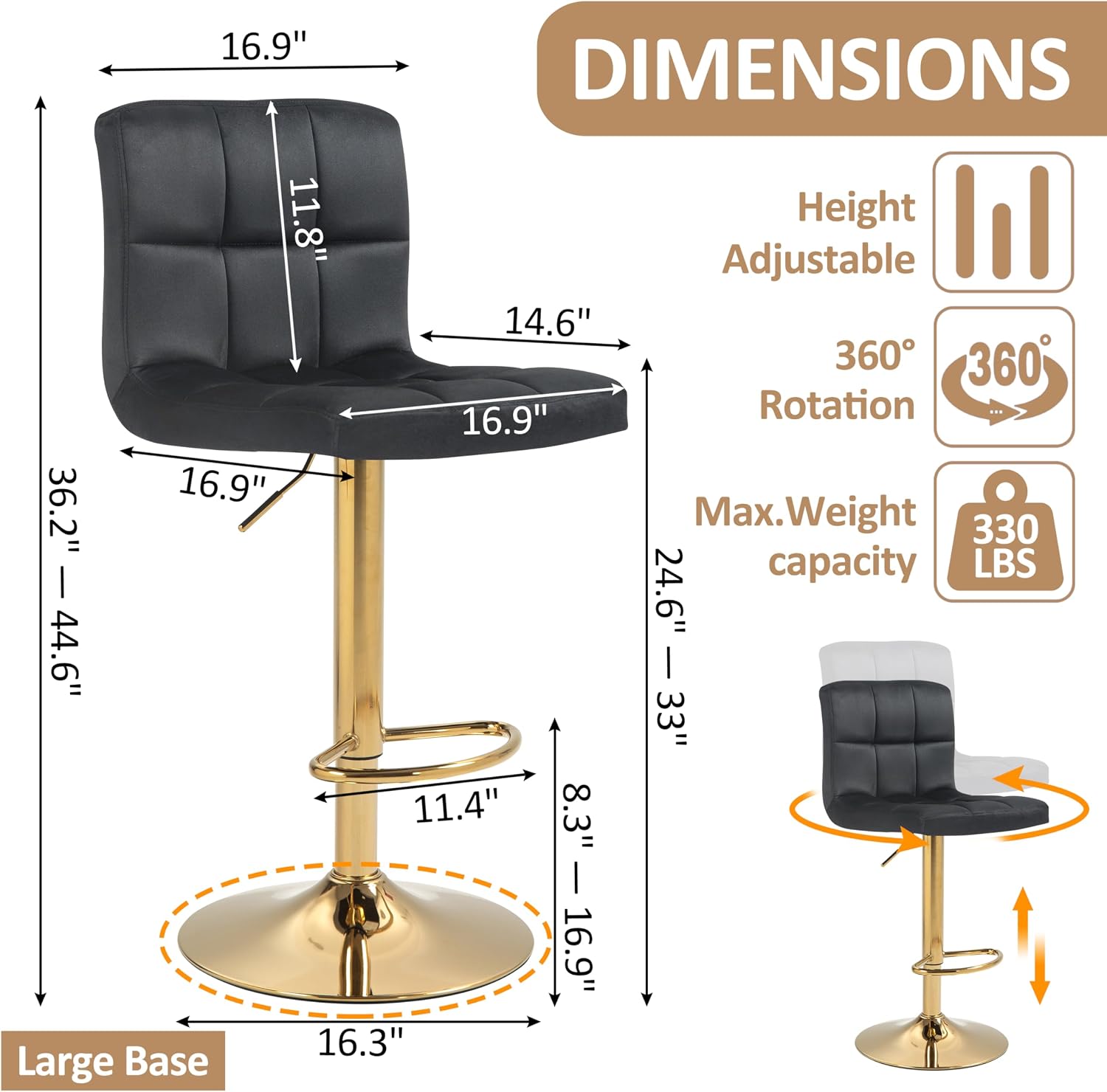 Black Gold Velvet Adjustable Swivel Bar Stools Set of 2 with Footrest