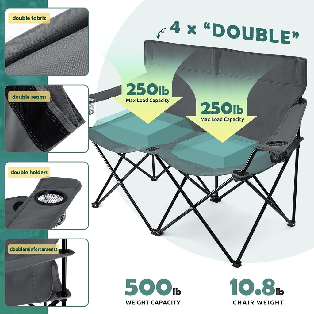 Grey Double Seat Foldable Camping Chair with Storage Bag