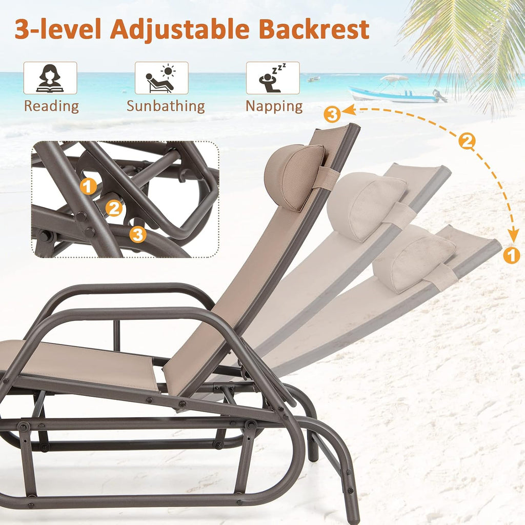 Brown Adjustable Outdoor Glider Recliner with Pillow & Armrests