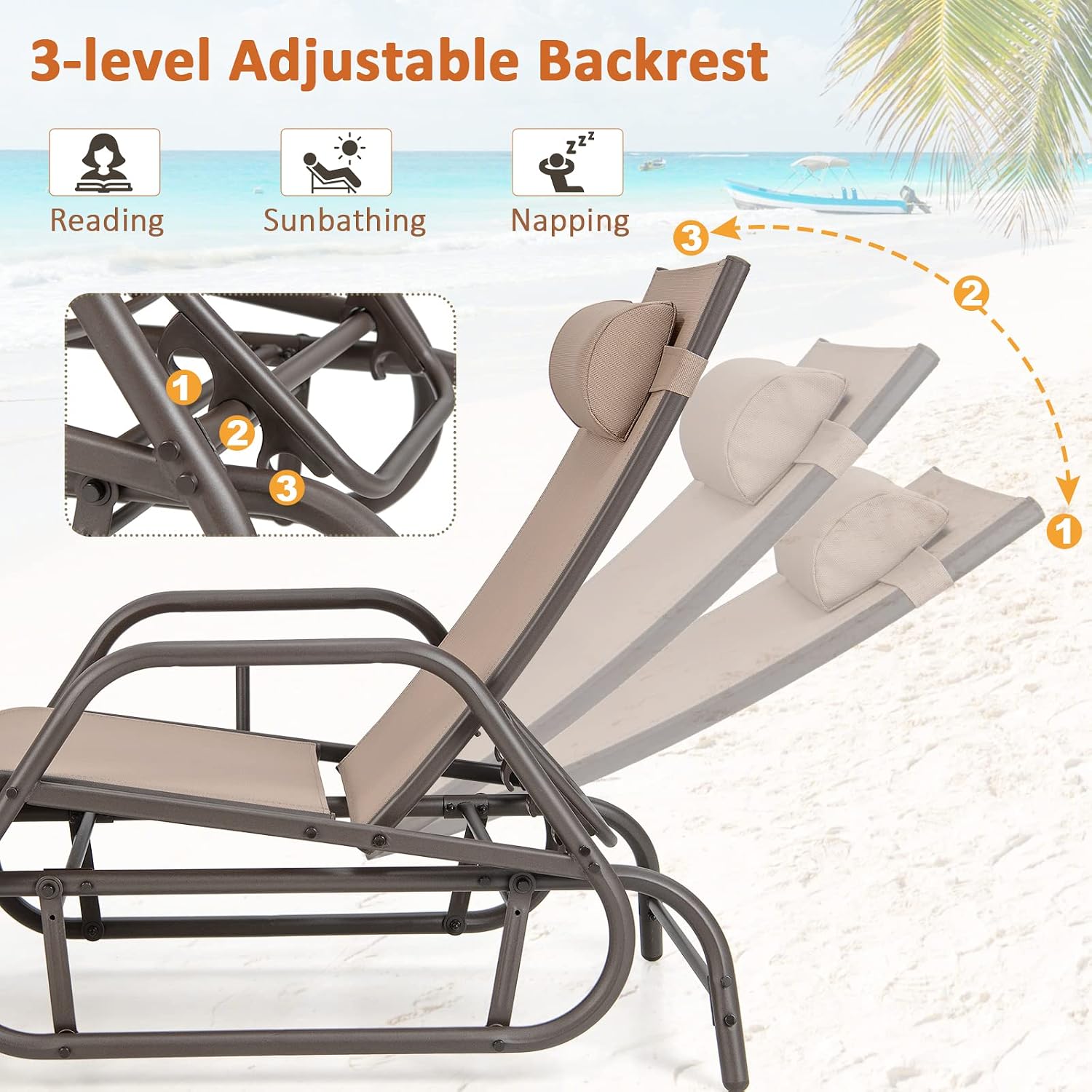 Brown Adjustable Outdoor Glider Recliner with Pillow & Armrests