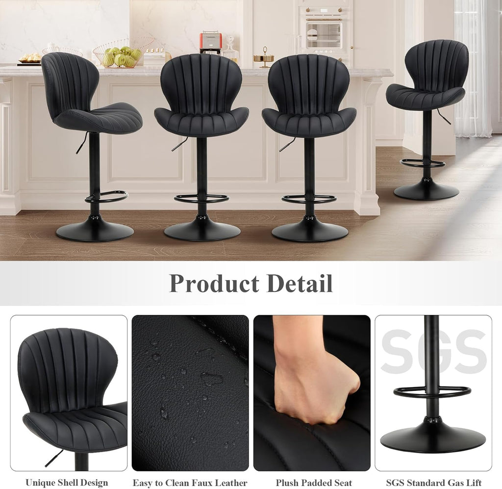Black Modern Swivel Adjustable Faux Leather Counter Bar Stools Set of 4 with High Backrest