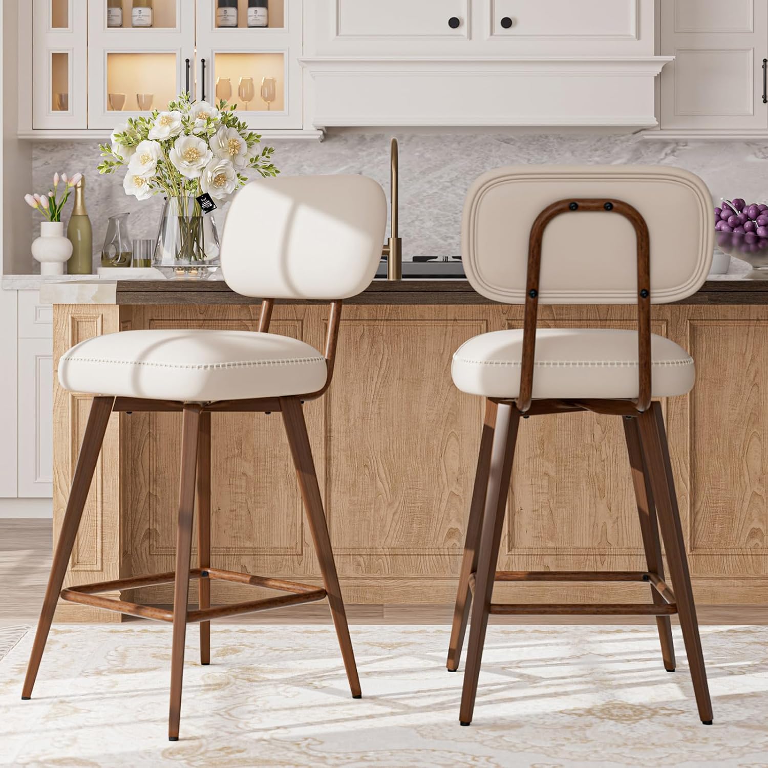 Beige 26in PU Leather Swivel Counter Bar Stools Set of 2 with Low Back Metal Legs