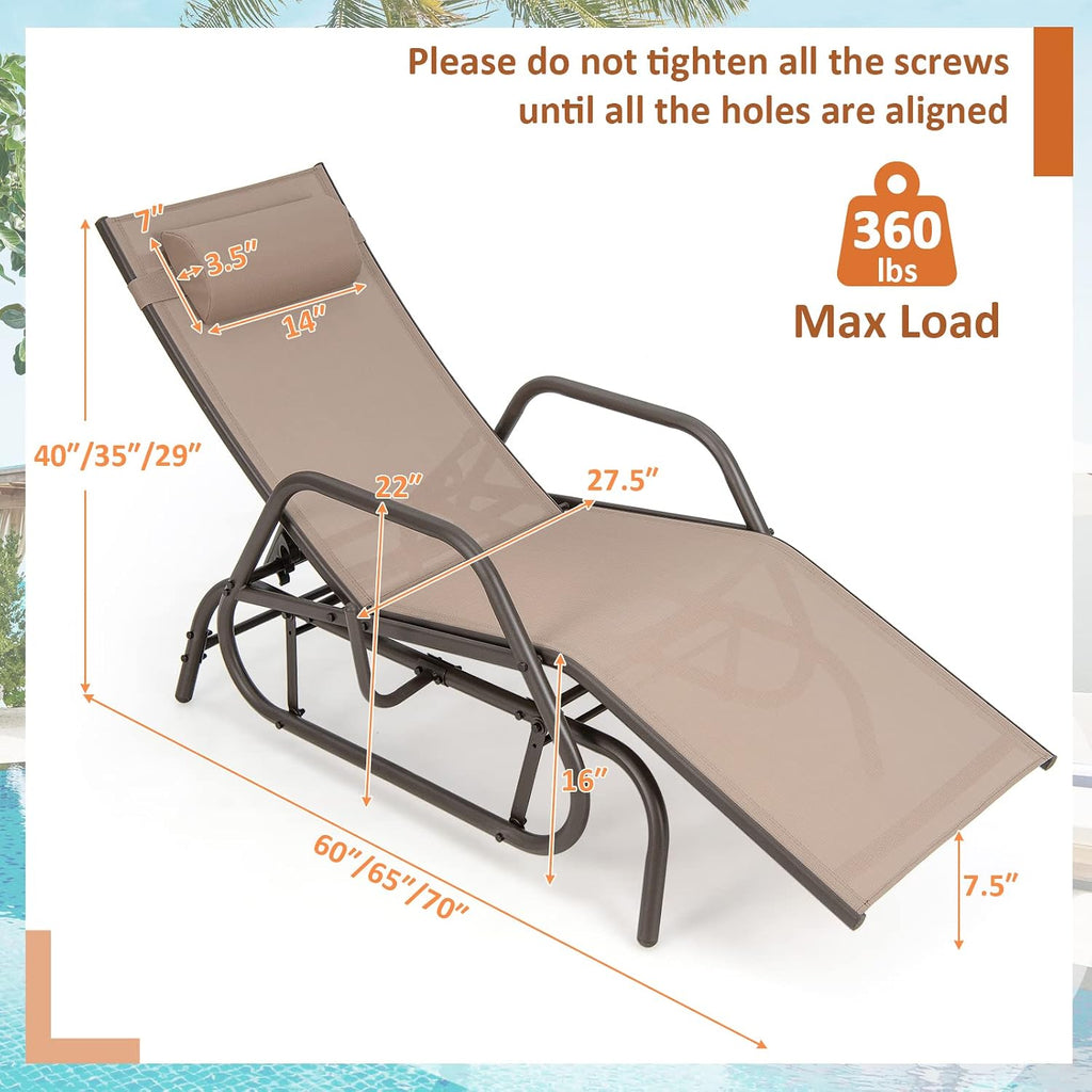 Brown Adjustable Outdoor Glider Recliner with Pillow & Armrests