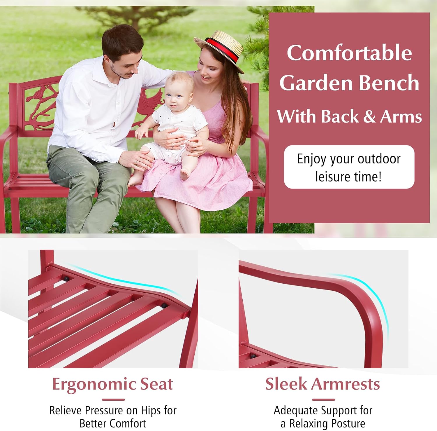2-3 Seater Metal Patio Bench with Cast Iron Bird Twig Backrest