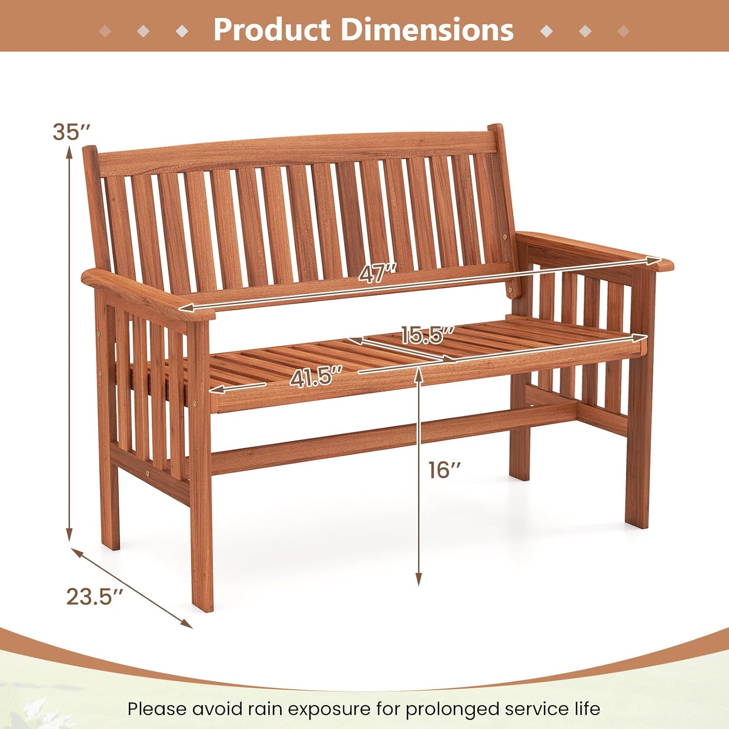 2-Person Wooden Patio Garden Bench with Backrest & Armrests