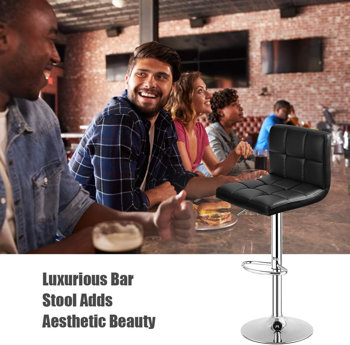 Black Square PU Leather Adjustable Swivel Counter Bar Stool with Back