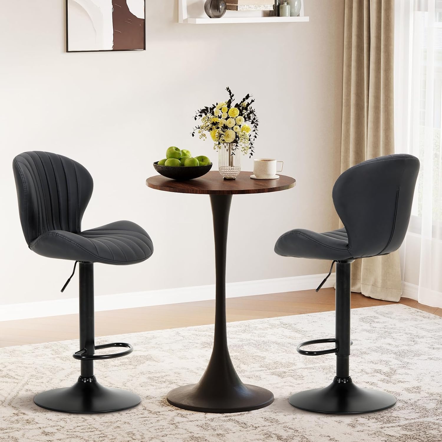 Black Modern Swivel Adjustable Faux Leather Counter Bar Stools Set of 4 with High Backrest