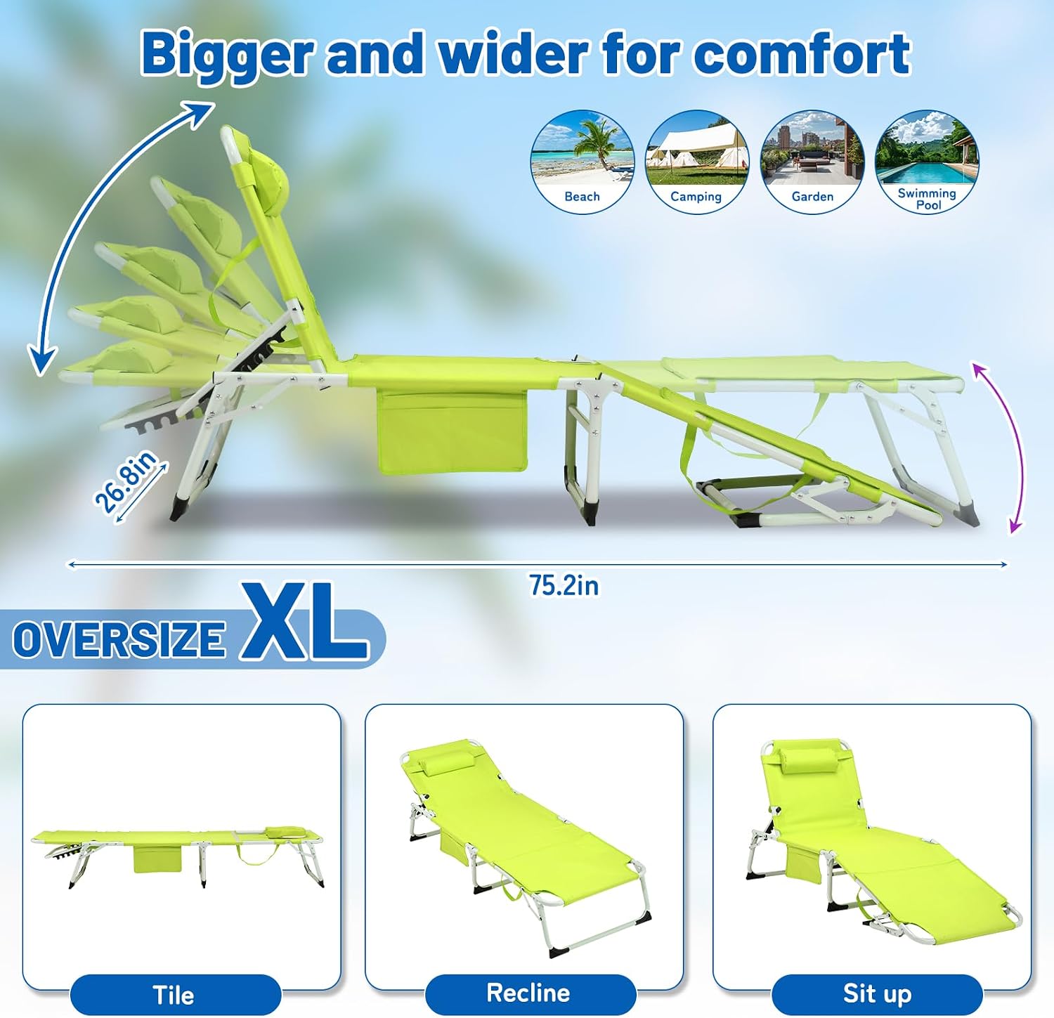 Green Folding Reclining Tanning Lounge Chair with Face Hole & Cushion