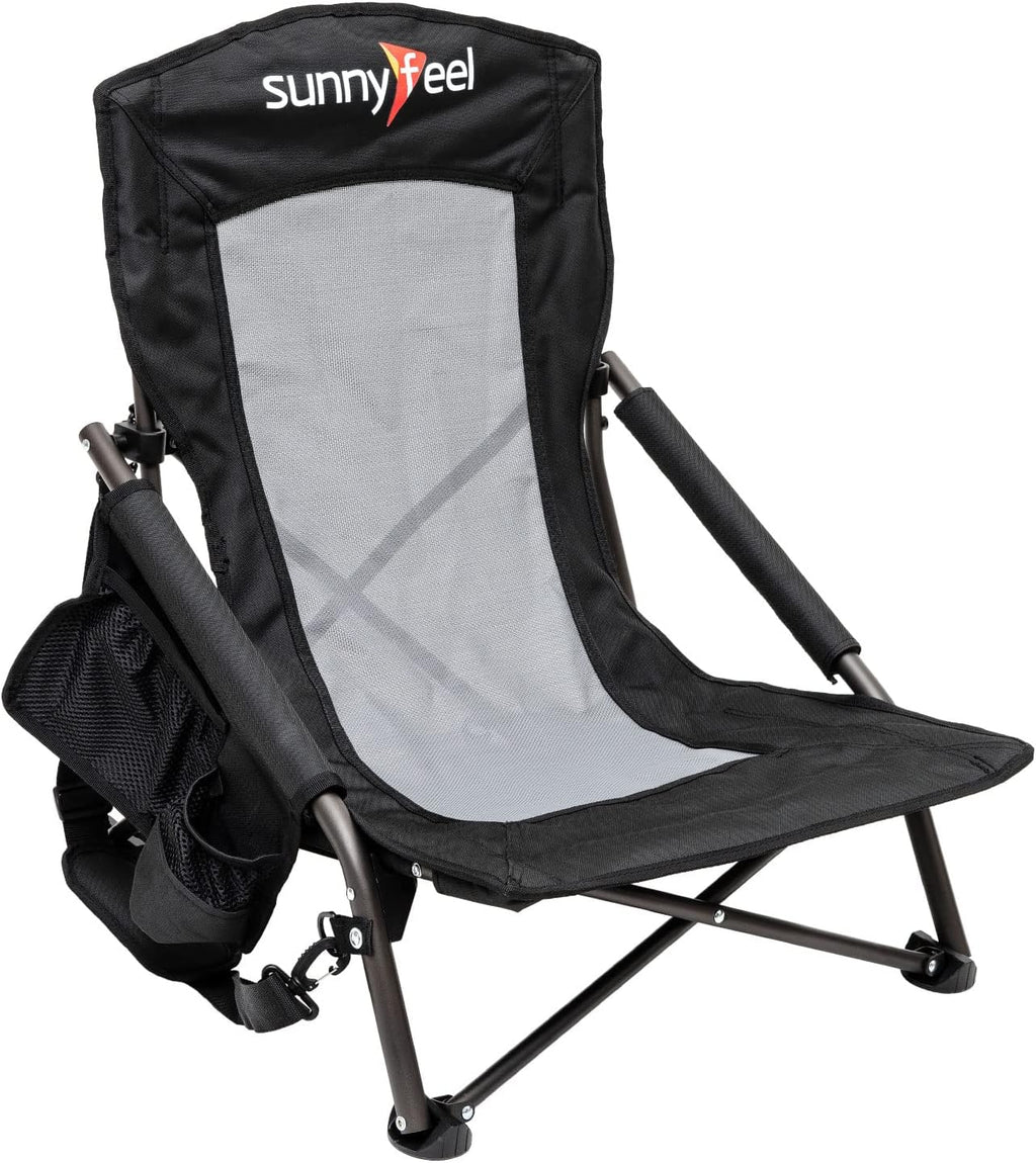 2 Pack High Back Low Folding Beach Chairs with Cup Holder & Pocket