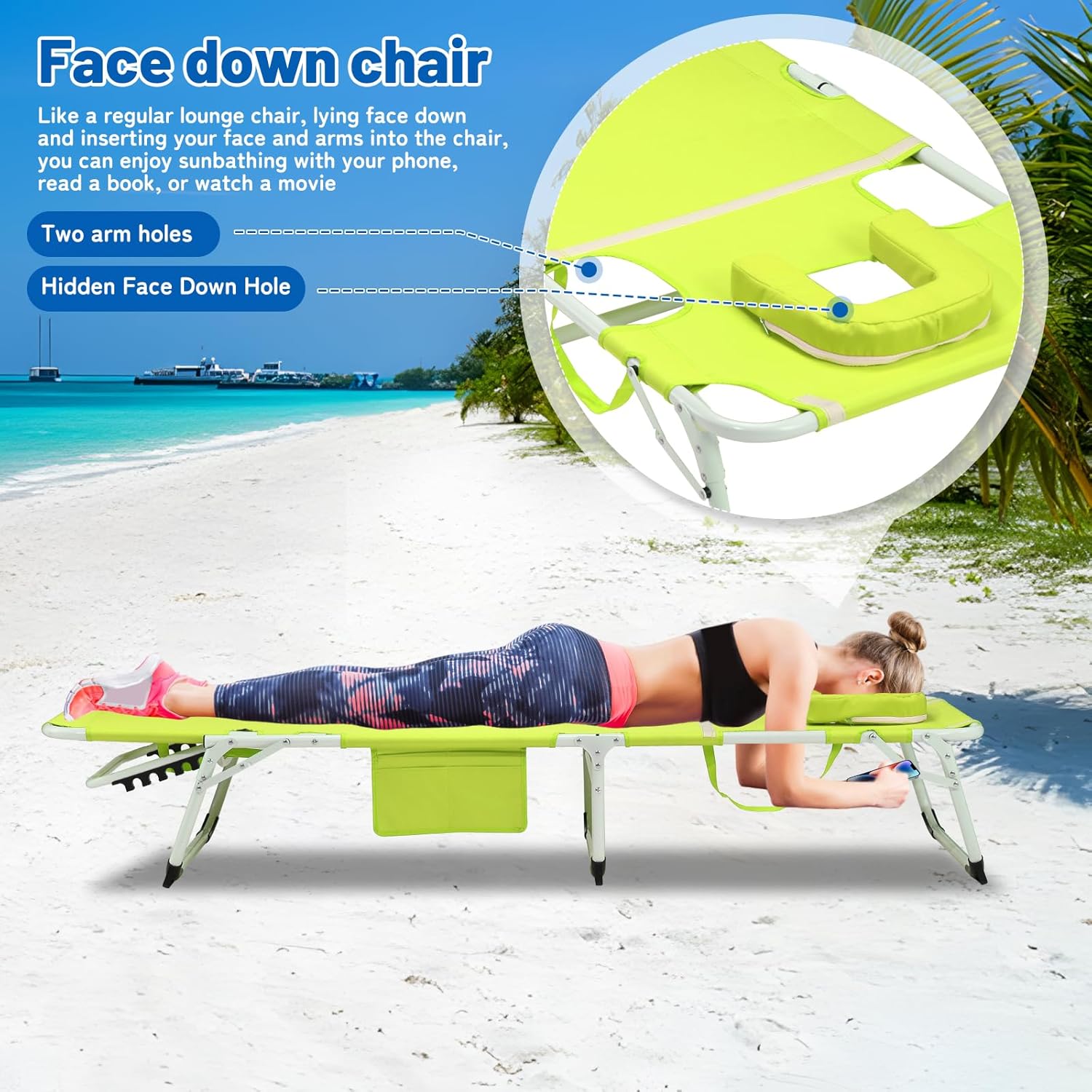 Green Folding Reclining Tanning Lounge Chair with Face Hole & Cushion