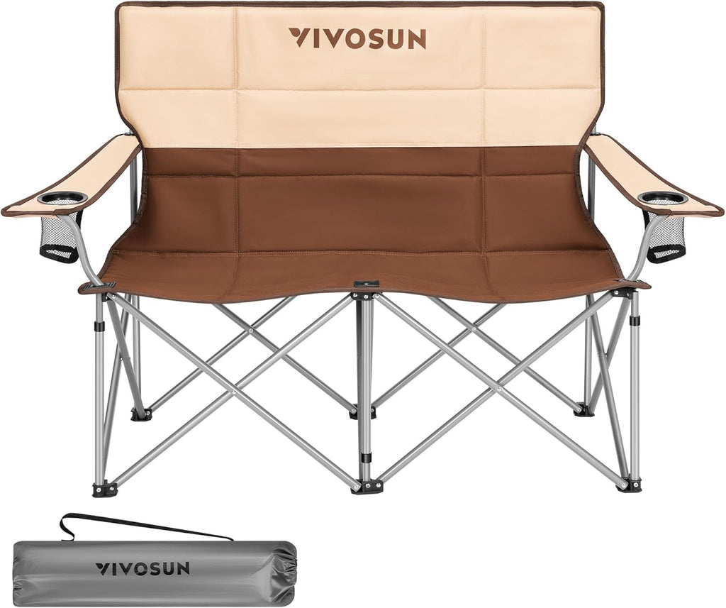 Padded Double Folding Camping Loveseat with Cup Holders & Carry Bag