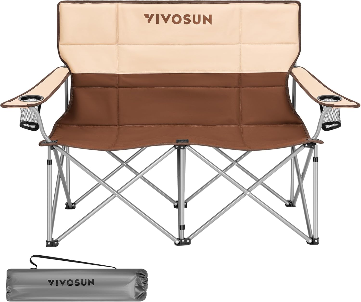 Padded Double Folding Camping Loveseat with Cup Holders & Carry Bag