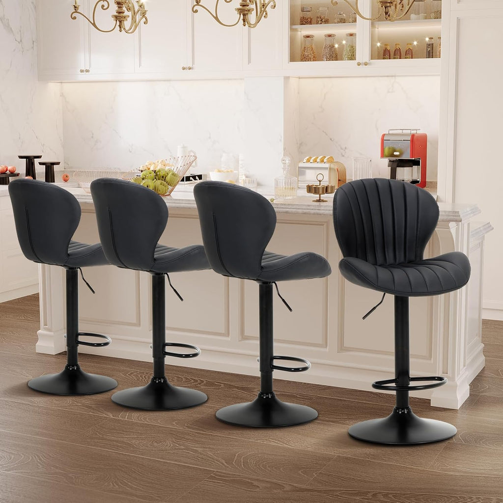 Black Modern Swivel Adjustable Faux Leather Counter Bar Stools Set of 4 with High Backrest
