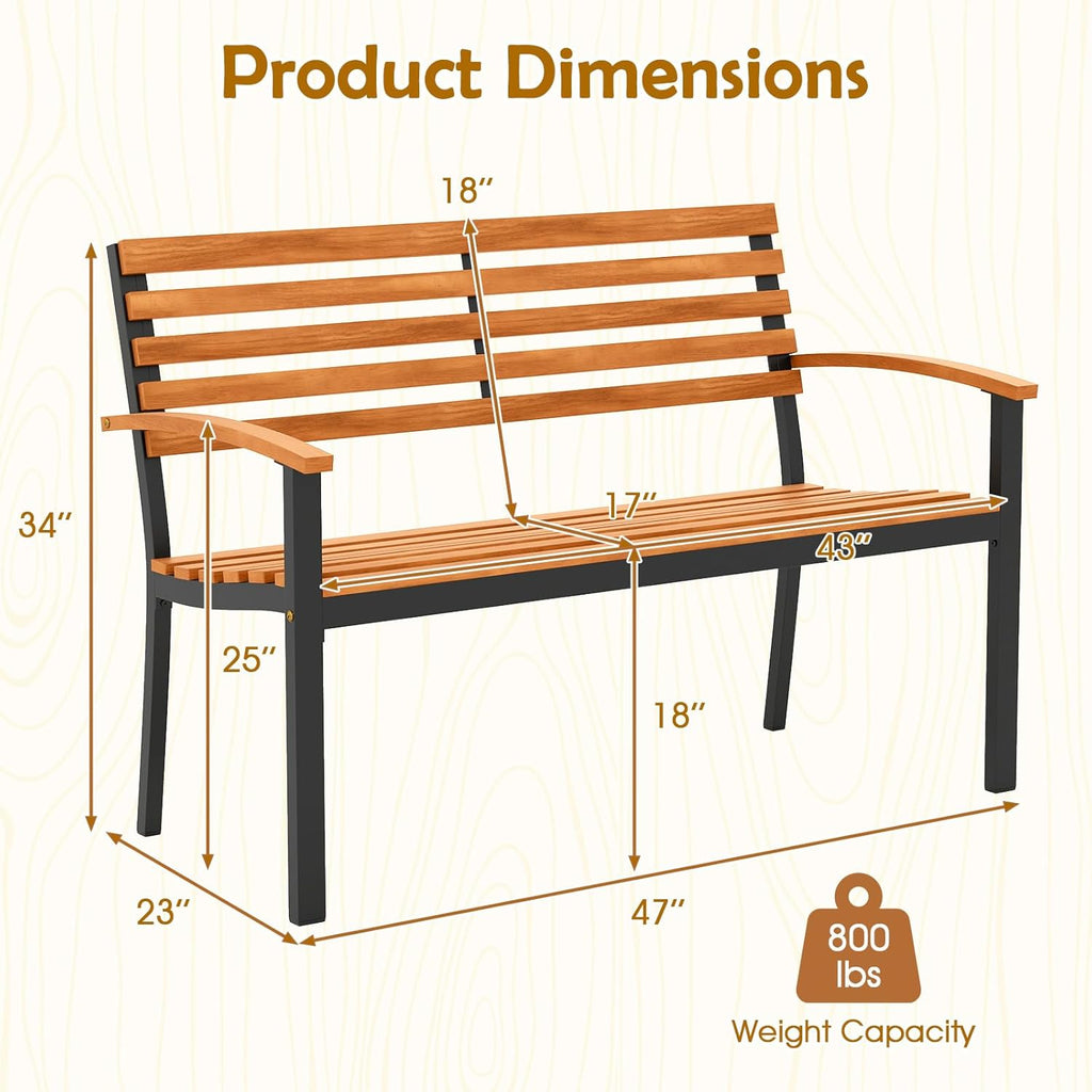 2-Person Acacia Wood Patio Bench with Metal Frame, 800 LBS Capacity