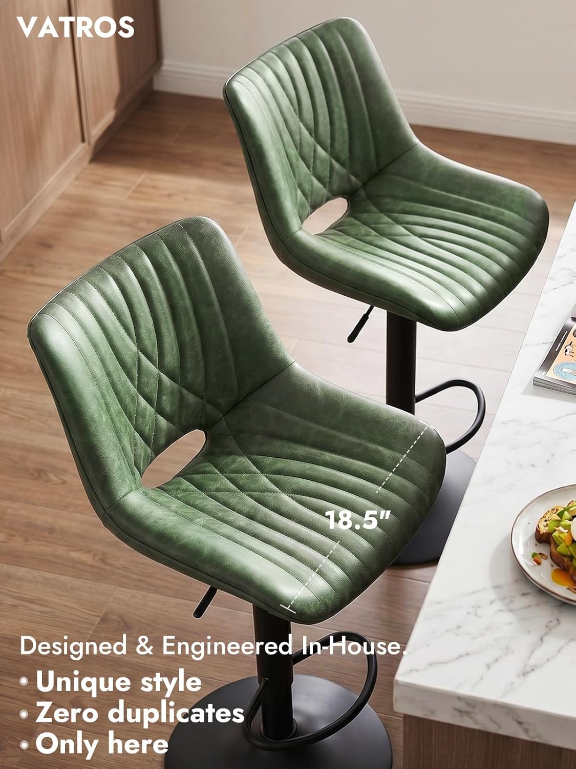 Green Adjustable Swivel PU Leather Counter Bar Stools Set of 2 with Open Back & Footrest