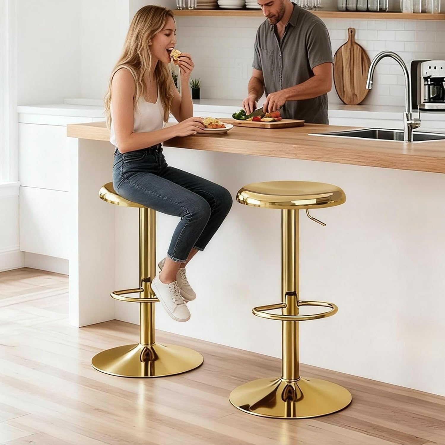 Gold Backless Adjustable Swivel Metal Bar Stools Set of 2