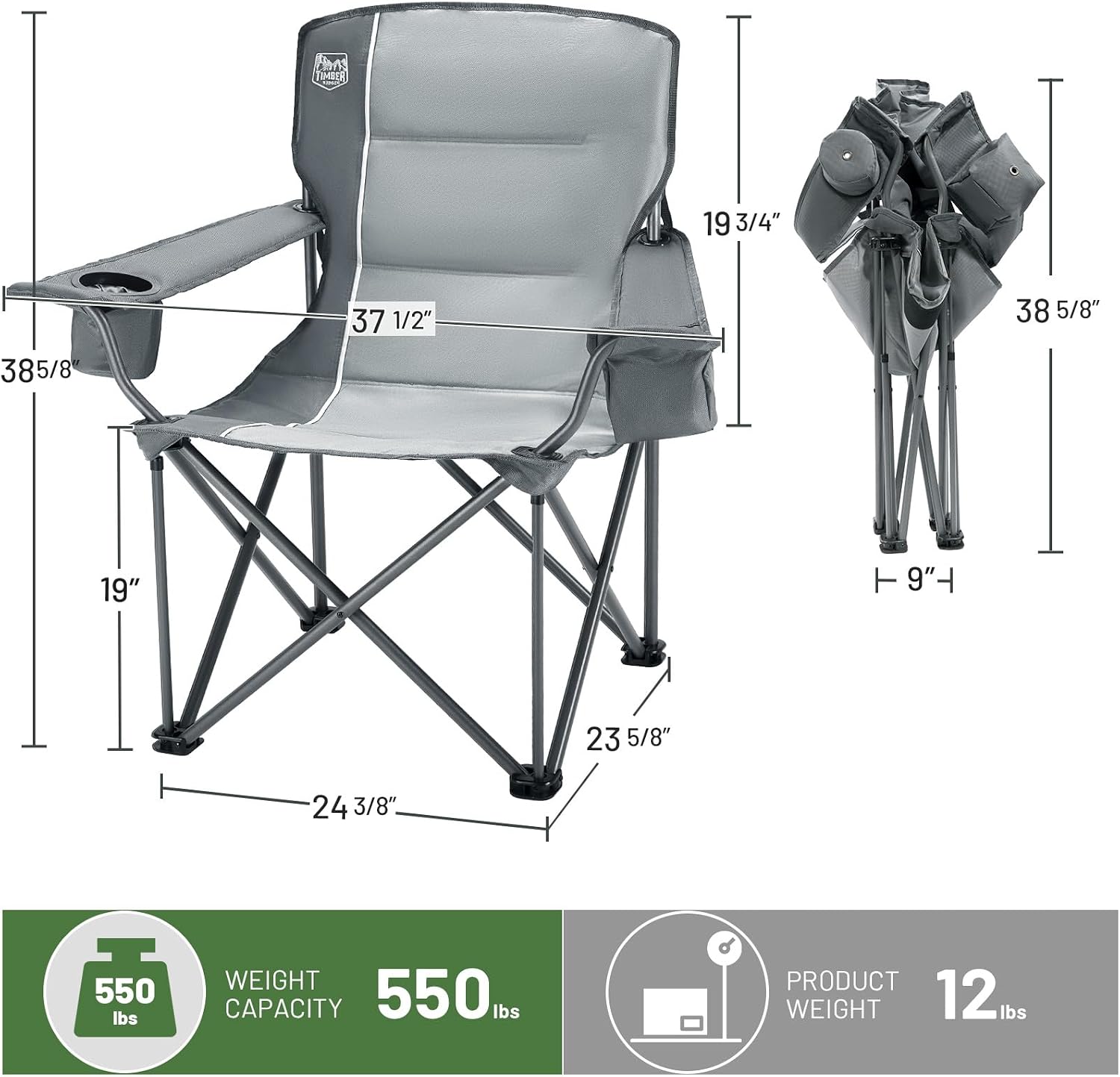 Grey Oversized Heavy Duty Folding Camping Chair 550LBS with Cup Holder