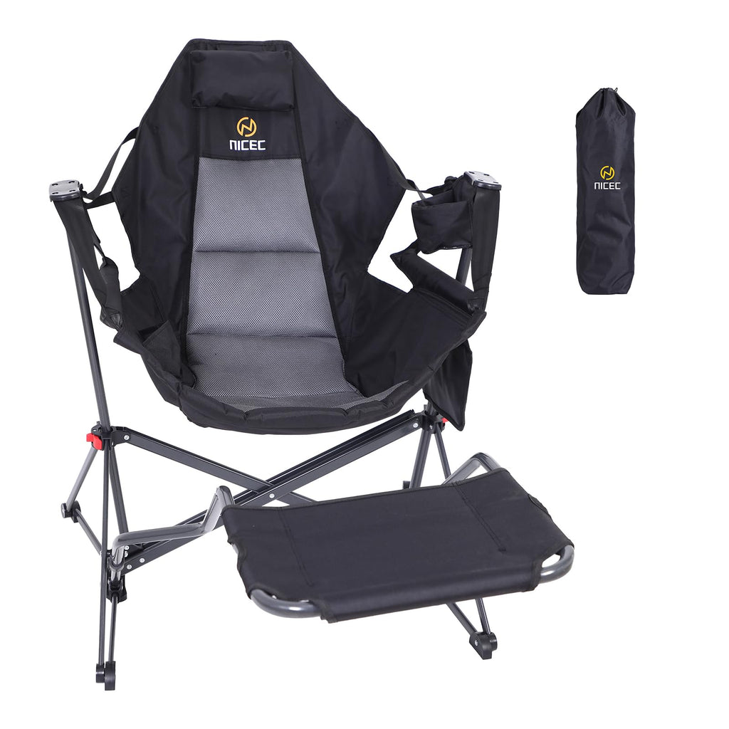 Black Hammock Rocking Camping Chair Set of 2 with Stand & Footrest
