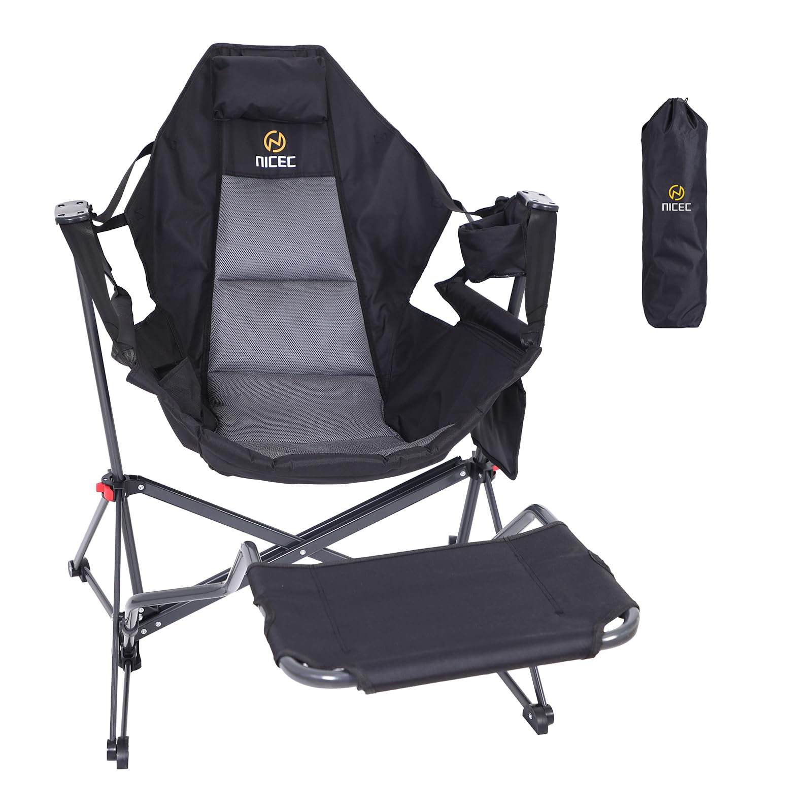 Black Hammock Rocking Camping Chair Set of 2 with Stand & Footrest