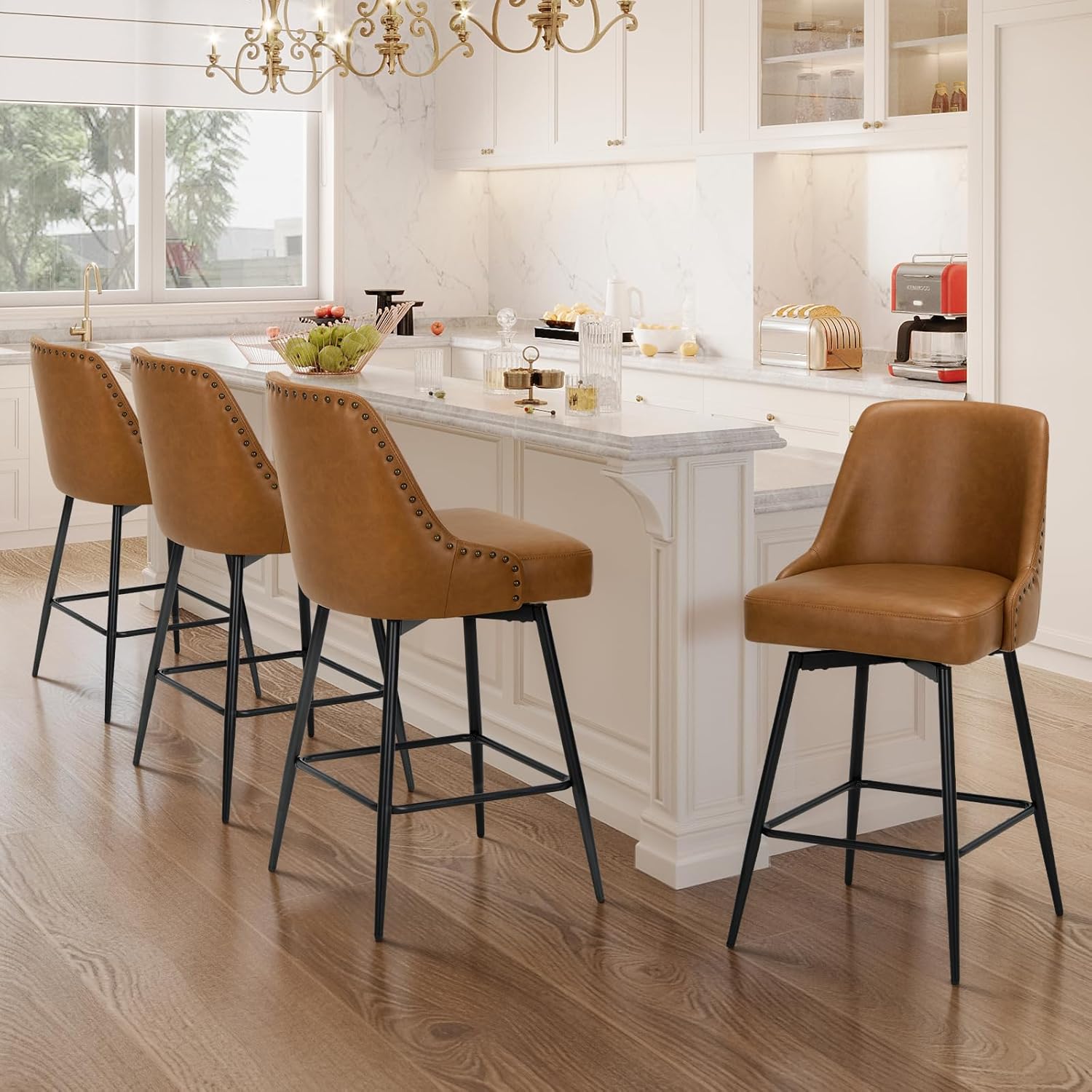 Brown 26" Faux Leather Swivel Bar Stools Set of 4 with Backrest & Footrest