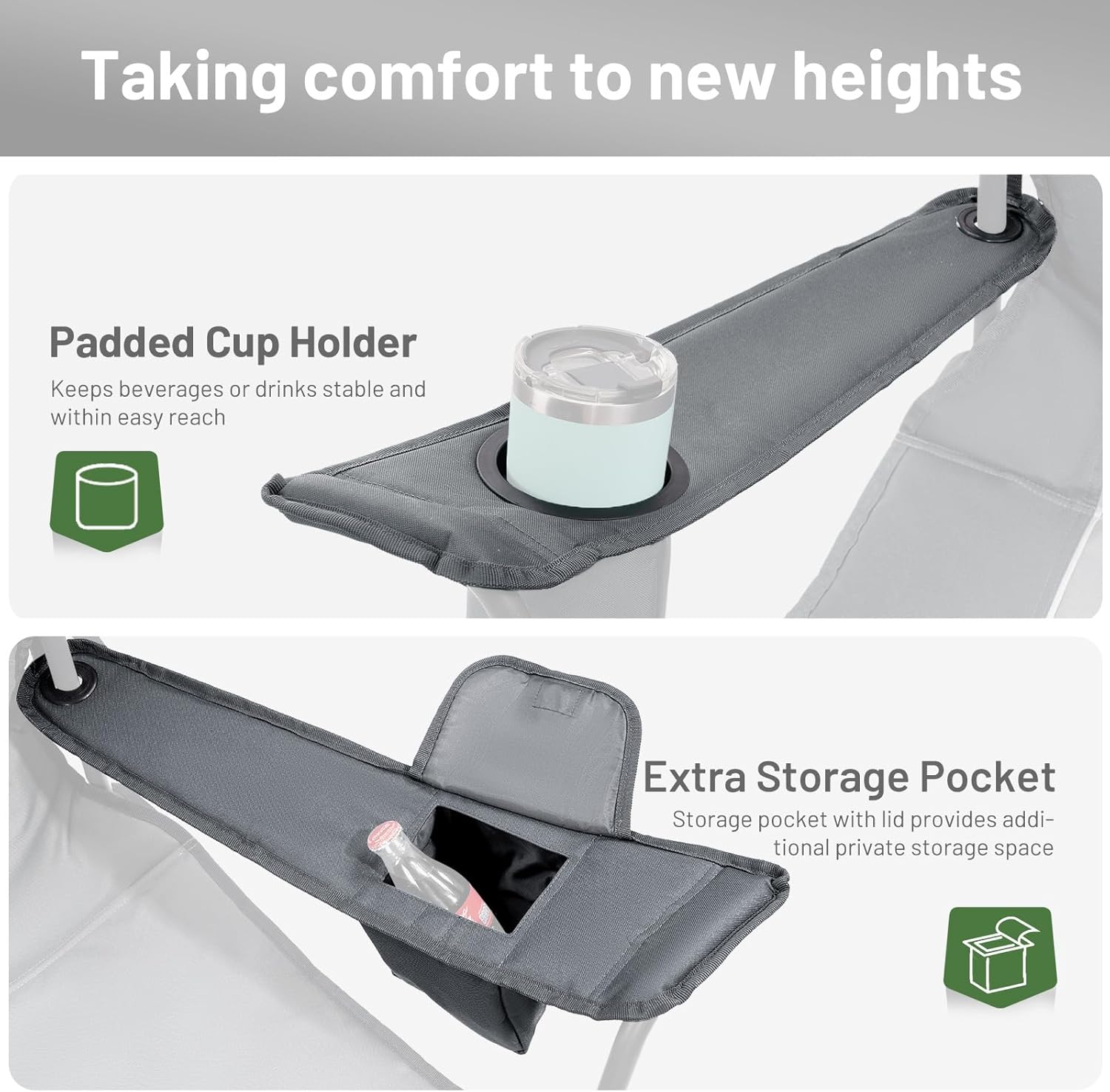 Grey Oversized Heavy Duty Folding Camping Chair 550LBS with Cup Holder