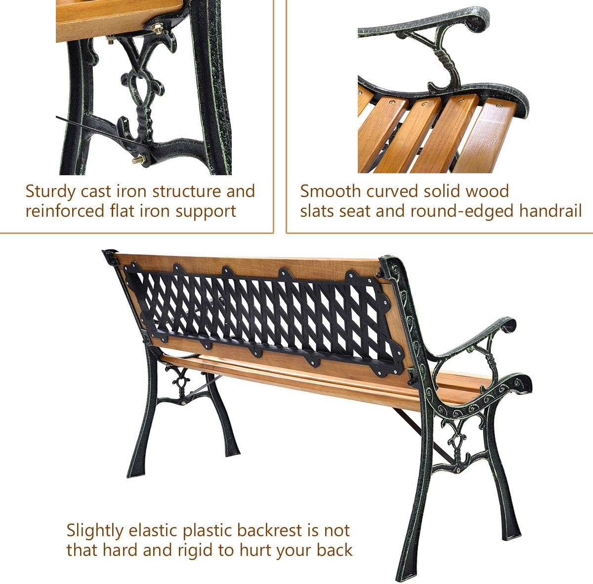 50" 2-Person Cast Iron Hardwood Outdoor Patio Bench