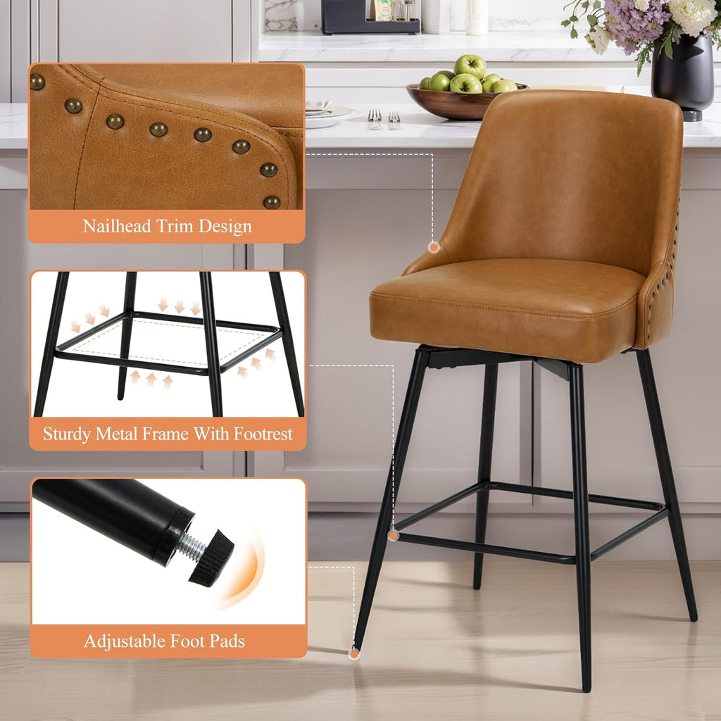 Brown 26" Faux Leather Swivel Bar Stools Set of 4 with Backrest & Footrest