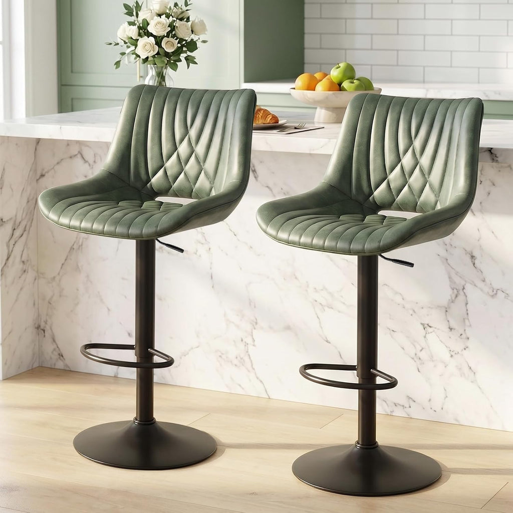 Green Adjustable Swivel PU Leather Counter Bar Stools Set of 2 with Open Back & Footrest