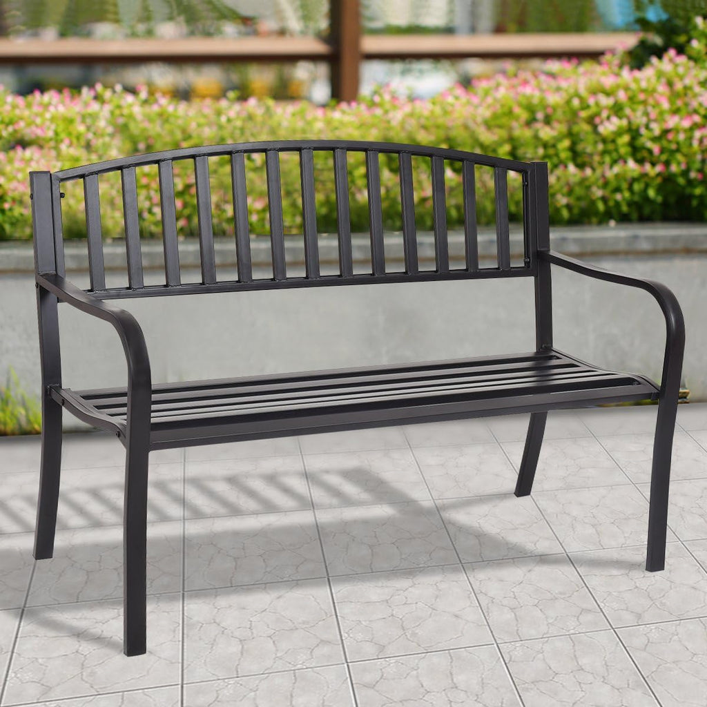 50" Black Steel Frame Outdoor Patio Bench 500 LBS Capacity