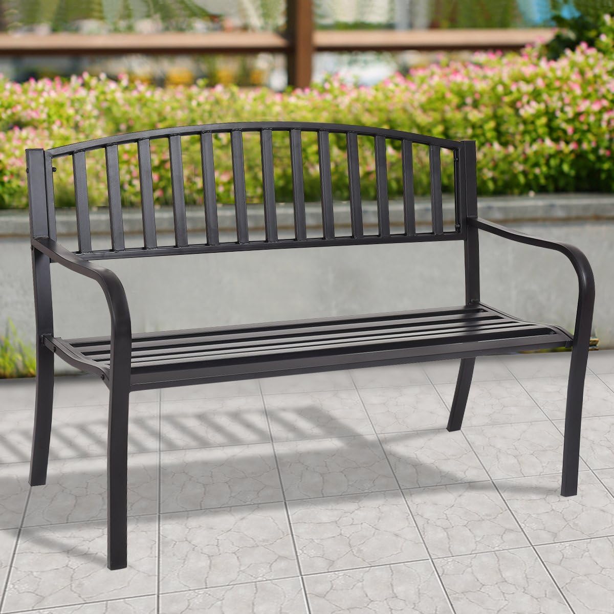 50" Black Steel Frame Outdoor Patio Bench 500 LBS Capacity